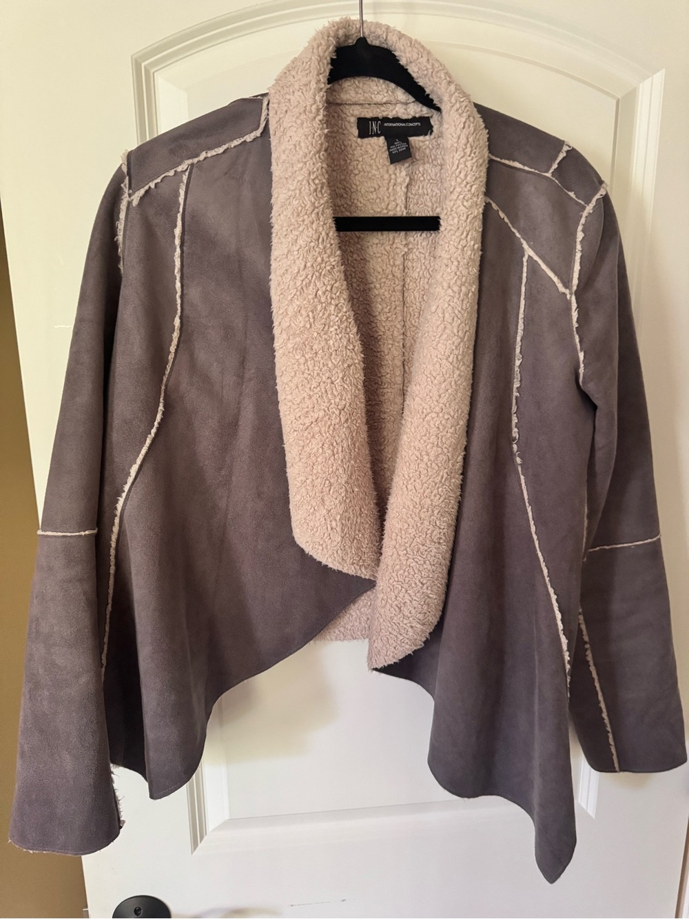 INC International Concepts Gray Faux Suede Jacket with Cream Shearling Collar